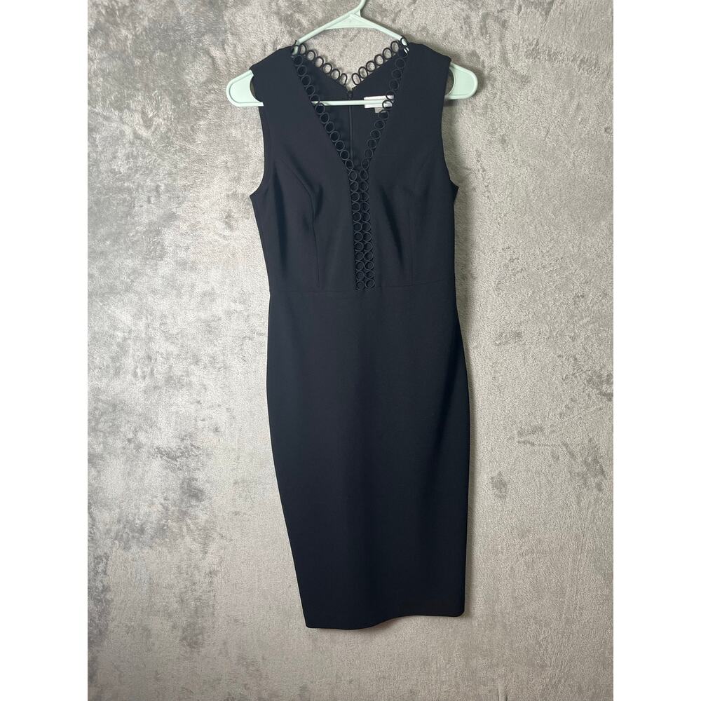 Calvin Klein Black Sheath‎ Dress Sleeveless Ring Trim V-Neck Career Cocktail 2